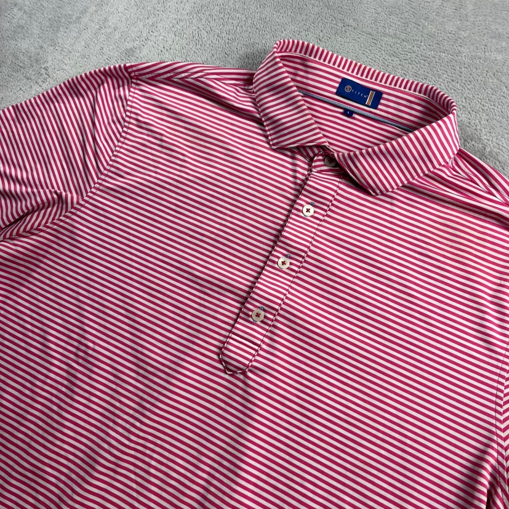 Stitch Golf Mens Large Pink White Striped Performance Polo Shirt Short Sleeve L